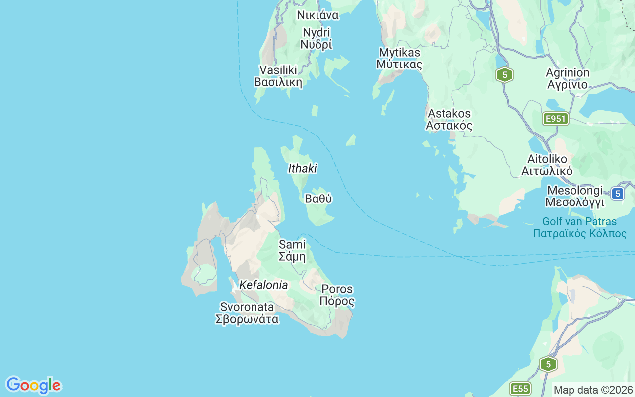 De locatie van RIB: Vathy, Ithaka