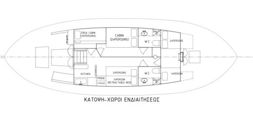 Gulet Multi day charter Trechandiri 50 ft gaff cutter Plattegrond van de boot