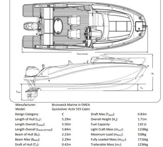 Motorboat Quicksilver 555 Cabin Boat layout