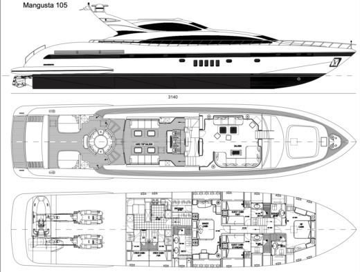 Motor Yacht Mangusta 105 Plattegrond van de boot